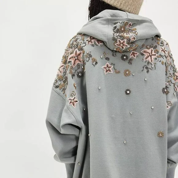 FREE PEOPLE Glitter Oversized Embellished Hoodie NWT - Picture 3 of 16